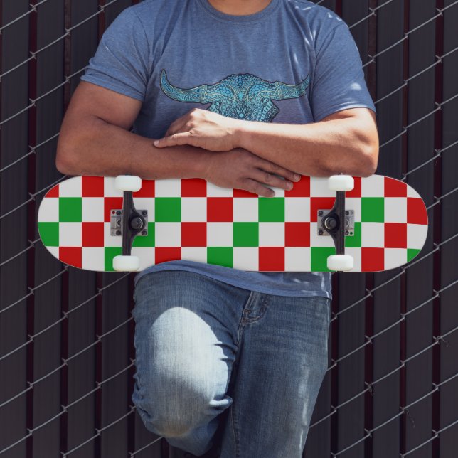 Skate Padrão Xadrez Vermelho Branco Verde Design  (Ao ar livre 3)