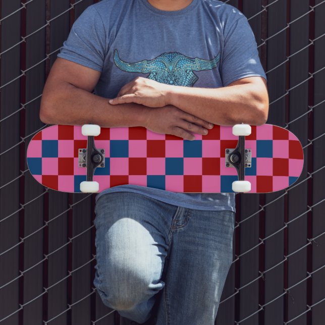 Skate Padrão Xadrez Vermelho Rosa Azul Design  (Ao ar livre 3)