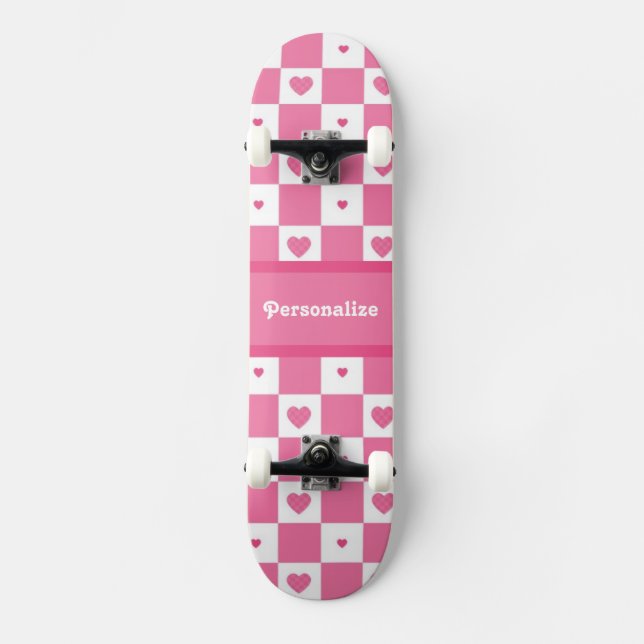 Skate Padrões de Coração Verificados - Rosa e Branco (Frente)