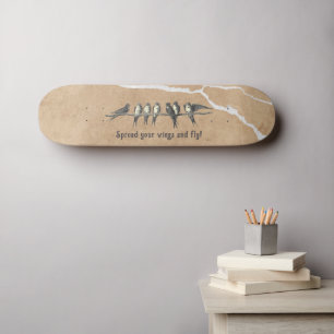 Skate Pássaros em superfície rachada, bege marrom e text