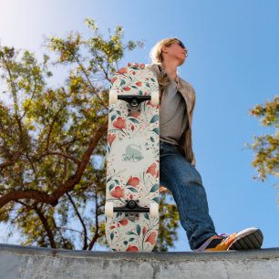 Skate Pasta Azul Whimsical e Padrão Floral Vermelho