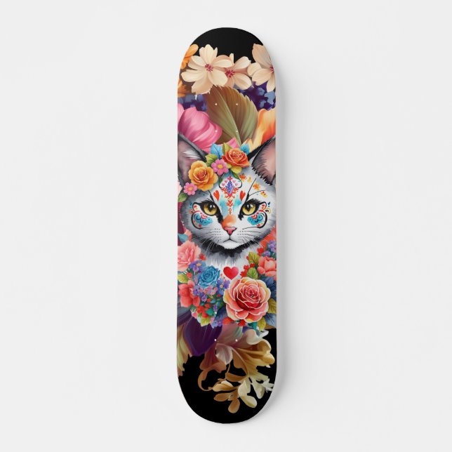 Skate Patterno Colorido de Flor Selvagem e Kitten (Frente)