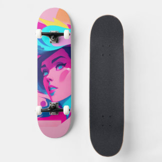 Skate Perfil Feminino Dinâmico em Rosas e Azul Vibrante