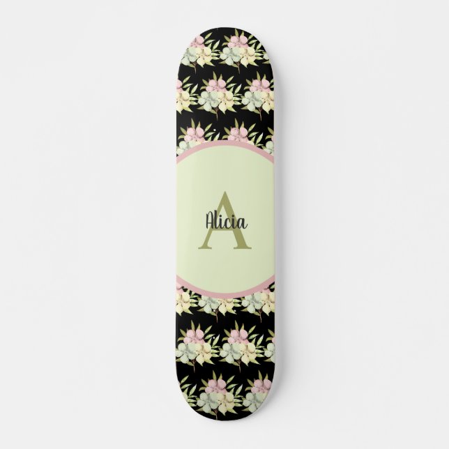 Skate Personalizado Preto Girly Floral Personalizado (Frente)