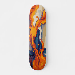 Skate Pintura Abstrata de Chama de Fogo em Azul e Bege