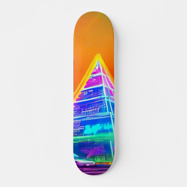 Skate Pirâmide holográfica neonfuturística na cidade mod (Frente)