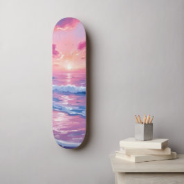 Skate Pôr do Sol Oceano Rosa Ondas Aquarela