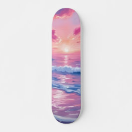 Skate Pôr do Sol Oceano Rosa Ondas Aquarela