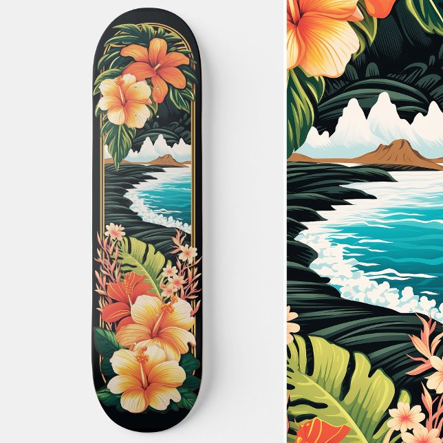 Skate Praia Tropical do Paraíso e Flores (Tropical Paradise Beach & Flowers Art Skateboard)