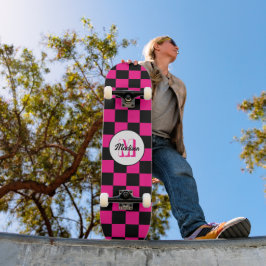 Skate Quadrados xadrez rosa quente preto Monograma retrô