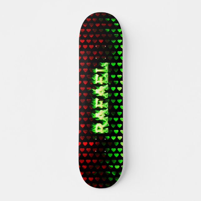 Skate Rafael skate, fogo verde e design de chamas. (Frente)