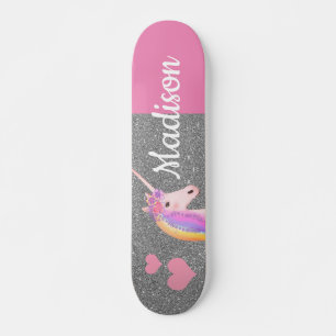 Skate Rainbow Unicorn Pink Silver Glitter Personalizado
