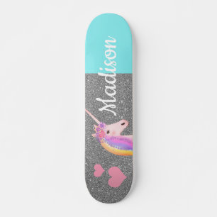 Skate Rainbow Unicorn Teal Silver Glitter Personalizado