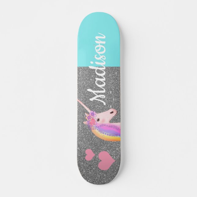 Skate Rainbow Unicorn Teal Silver Glitter Personalizado (Frente)