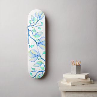 Skate Ramo de Magnólia em Aquarela Azul Verde Botânico