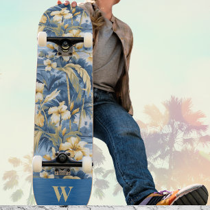 Skate Retro Amarelo Azul Floral e Palmeiras Tropicais In