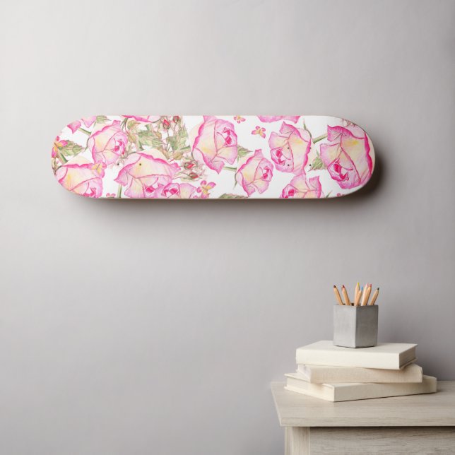 Skate Romantic white pink yellow summer rose floral (Arte de parede (Horz))