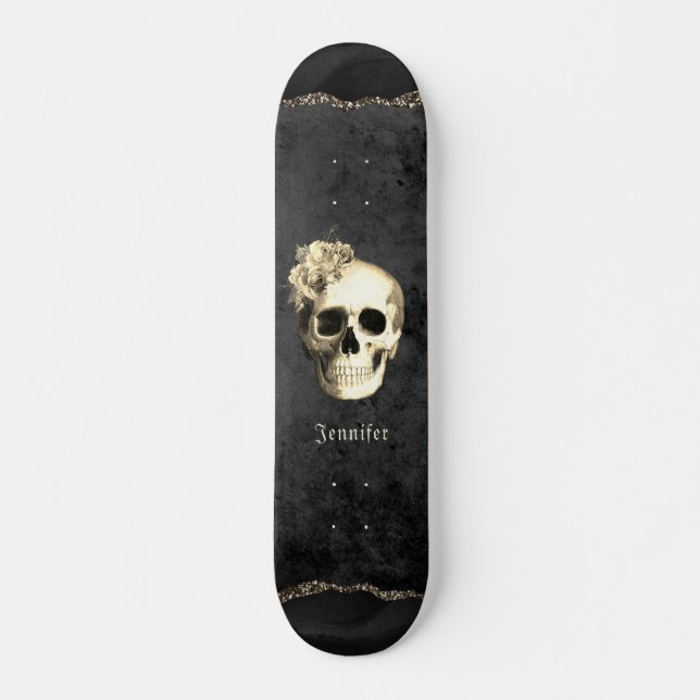 Skate Rosas brancas do crânio gótico personalizadas (Frente)