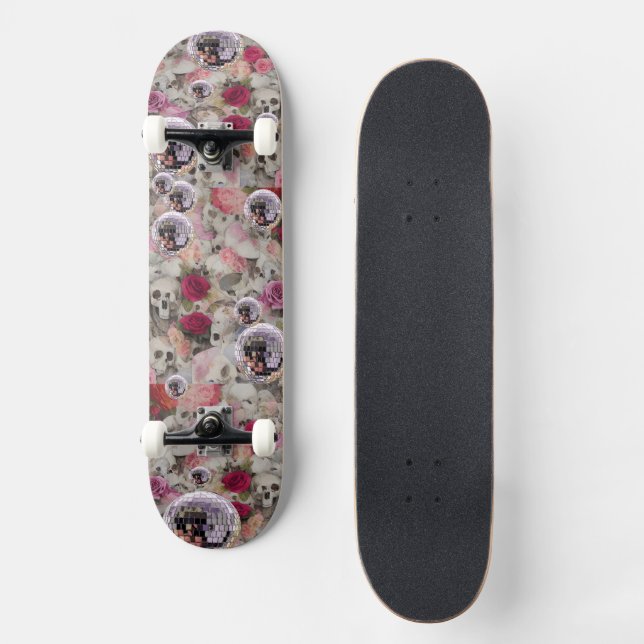 Skate Rosas de crânios e Bolas de Disco Rosa (Frente)