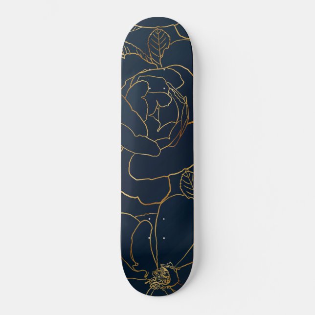 Skate Rosas Dourados Elegantes Design Azul de Desenho Fl (Frente)