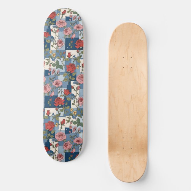 Skate Rosas Retro Blue Jean Denim Patchwork Floral (Frente)