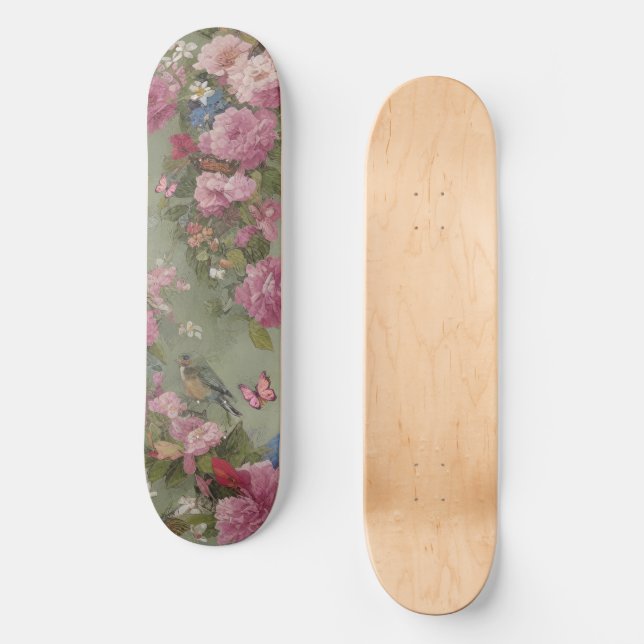 Skate Rosas Rosa Floral com Pássaro e Borboletas Verde (Frente)