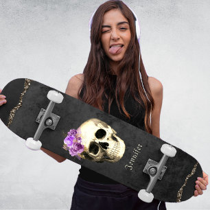 Skate Rosas Roxos do Crânio Gótico Personalizados