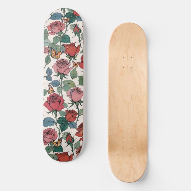 Skate Rosas Vermelhas e Rosa com Folhas e Borboletas Mon (Frente)