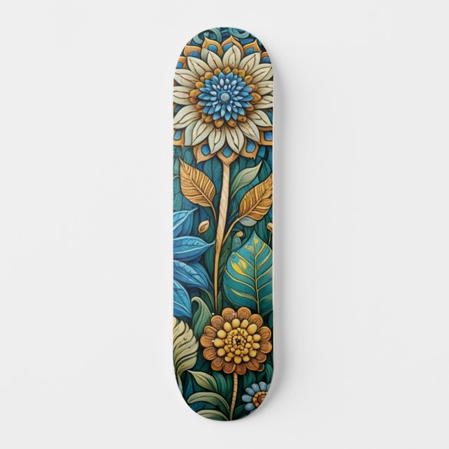 Skate Rua Abstrato de Girassol Design de Flor Azul (Frente)