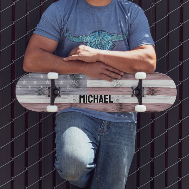 Skate Rustic Red White Blue Wood EUA bandeira nome Améri (Ao ar livre 3)