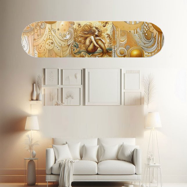 Skate Sereia Dourada Divina Elegante Mito Lenda Grega  (Elegant Divine Gold Mermaid Mythical Greek Legend Skateboard)