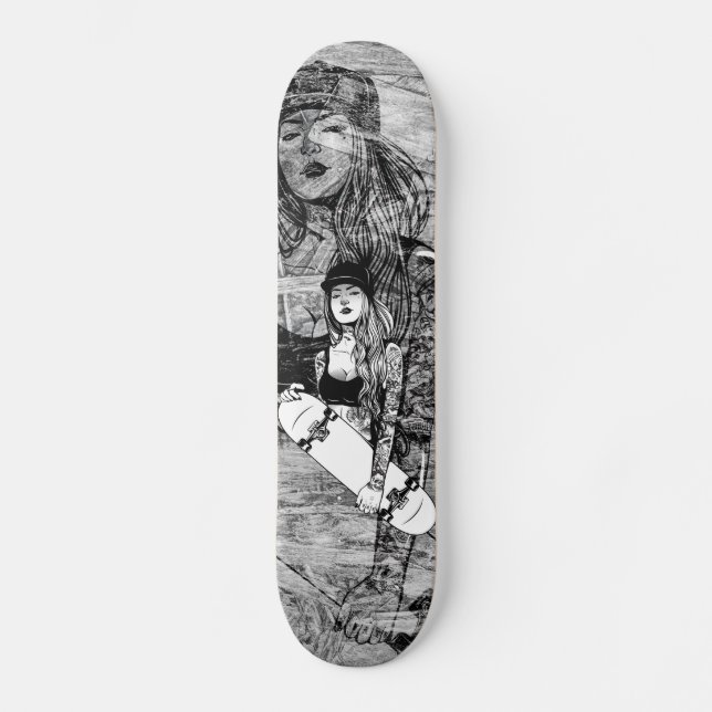 Skate Skateboards femme tatouée style urbain sur bois (Frente)