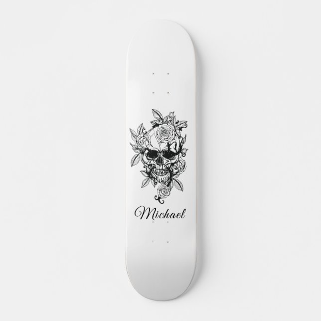 Skate Skulo Floral Desenhado Elegante Gótico e Nome (Frente)