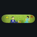 Skate Tabuleiro de Casal Moderno do Meio século<br><div class="desc">Este skate Meio século moderno de Casal parece uma cena de uma comédia romântica. O estilo da década de 1960, design de arte minimalista, apresenta um casal de desenho animado atraente aproveitando uma noite romântica em casa. O sofisticado quarto destaca uma parede de pedra verde com um fogo em ruínas...</div>