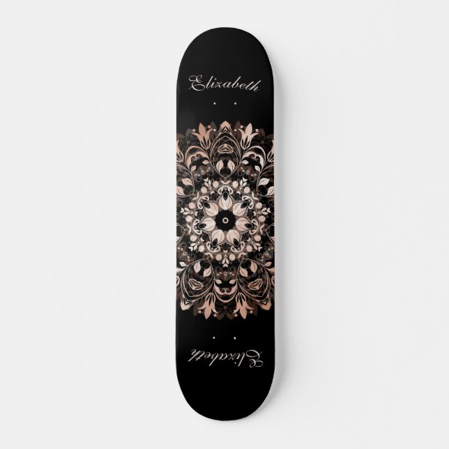 Skate Tabuleiro negro e rosa Dourado de Mandala Monogram (Frente)