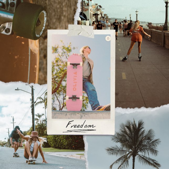 Skate tabuleiro-preto-e-branco-retrógrado-estético (vintage retro aesthetic pink skateboard for her personalised with her name in red)