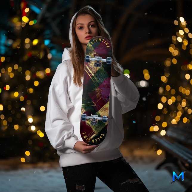 Skate Tartan Moderno de Natal em Borgonha e Dourado (Criador carregado)