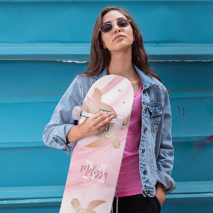 Skate Tartaruga Rosa Mármore Dourado Rosa Nome Tatuado