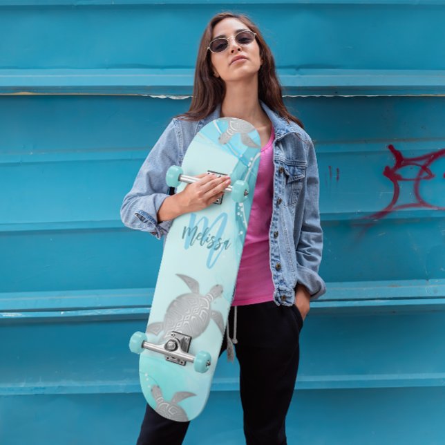 Skate Tartarugas de Prata Azul Mármore Monograma Seu Nom (Criador carregado)