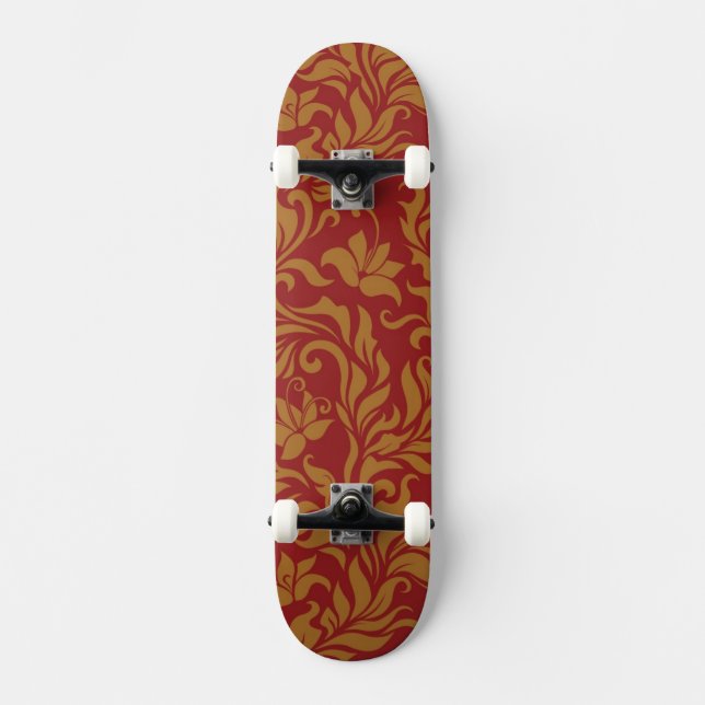 Skate Teste padrão floral vermelho e Dourado (Frente)