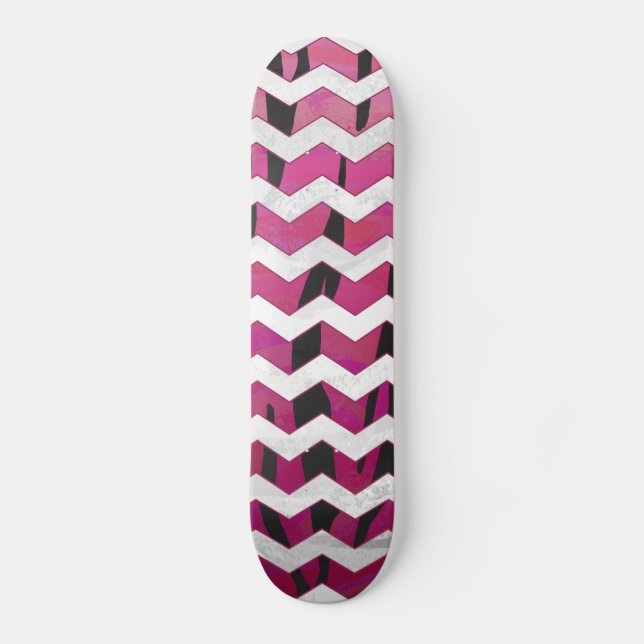 Skate Tigre Chevron, Rosa Quente e Impressão Preto (Frente)