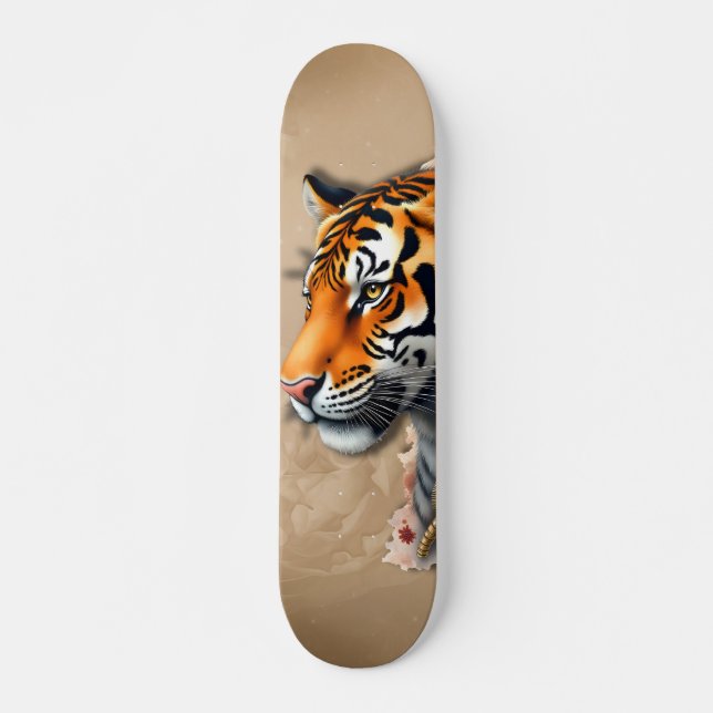 Skate Tigre Steampunk com Ilustração de Rosas. (Frente)