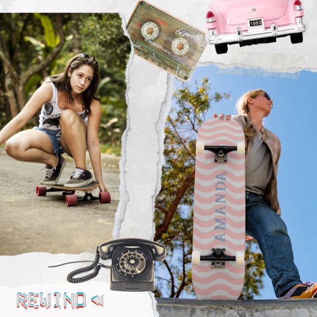 Skate tiras de ranhura de tripia retro-estética personal (retro aesthetic trippy groovy stripes personalised skateboard for her birthday)
