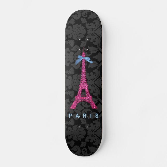 Skate Torre Eiffel rosa quente com brilho sujo (Frente)