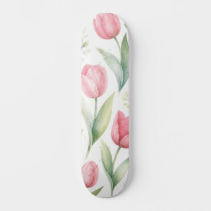 Skate Tulipas Rosa Pintura Floral Aquarela Botânica