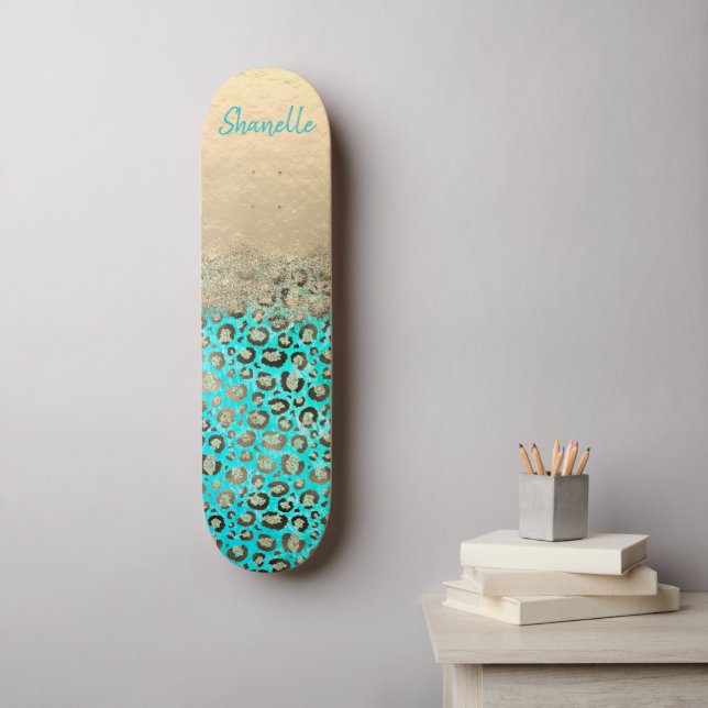 Skate Turquesa Leopardo com brilho (Arte de parede)