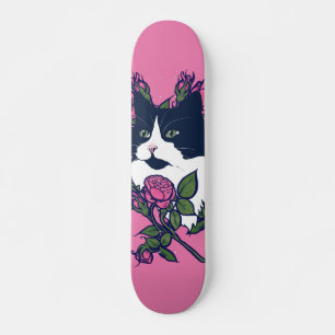 Skate Tuxedo Cat Peony Floral Art Tuxie Cats