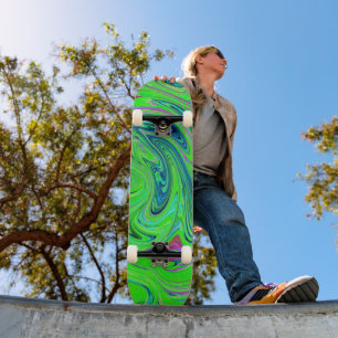 Skate Verde Lima e Arte Abstrata Retro Groovy Azul