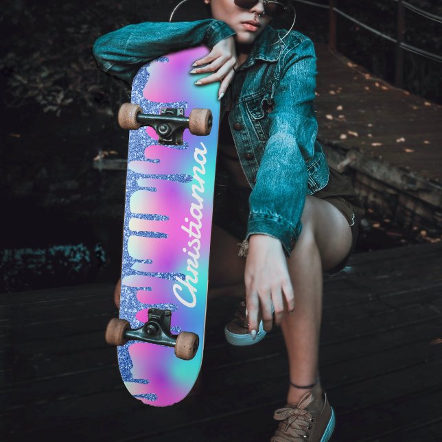 Skate Vermelhidão Azul Derramamento Fluorescente Neon Ro (Blue Glitter Drip Fluorescent Neon Pink & Purple Skateboard for Girls)