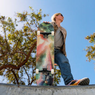 Skate Viagem de Trem Pôr-do-Sol Tropical em Aquarela